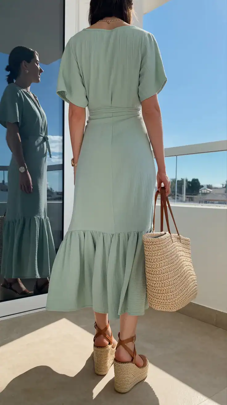 iPhone back view of a woman wearing a mint wrap dress with tan espadrille wedges, straw tote and delicate pendant, face not visible, balcony mirror reflection, sunny vacation light, iPhone photo quality