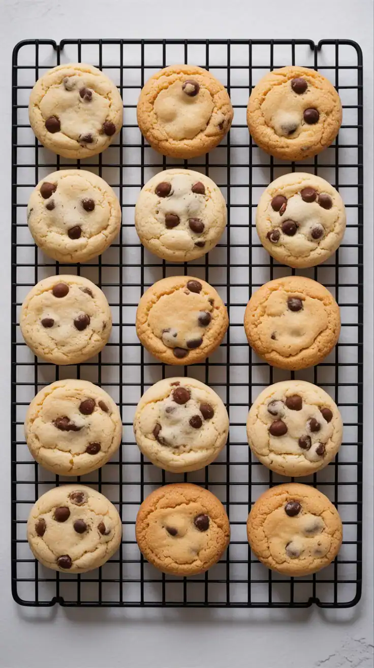 Cooling stage top view: Overhead shot of a cooling rack filled with just-baked cookies set but still