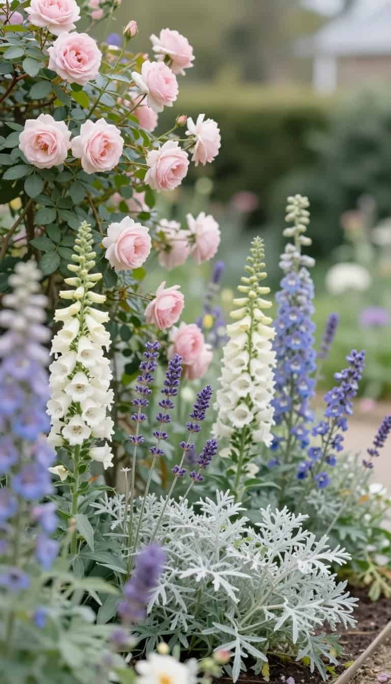 Soft pastel English garden border with pale pink roses, lavender, and white flowers creating a romantic cottage garden atmosphere