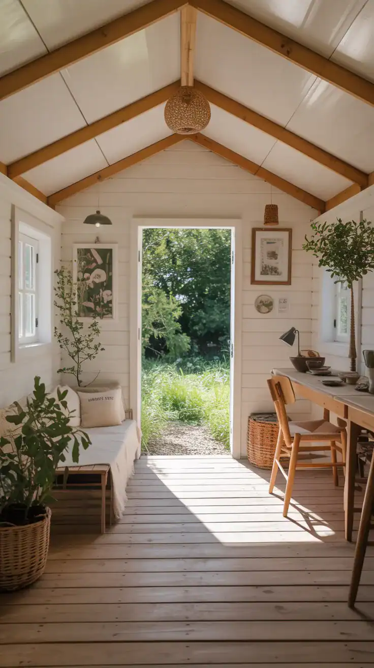 Bright airy shed interior with minimal furniture and white walls