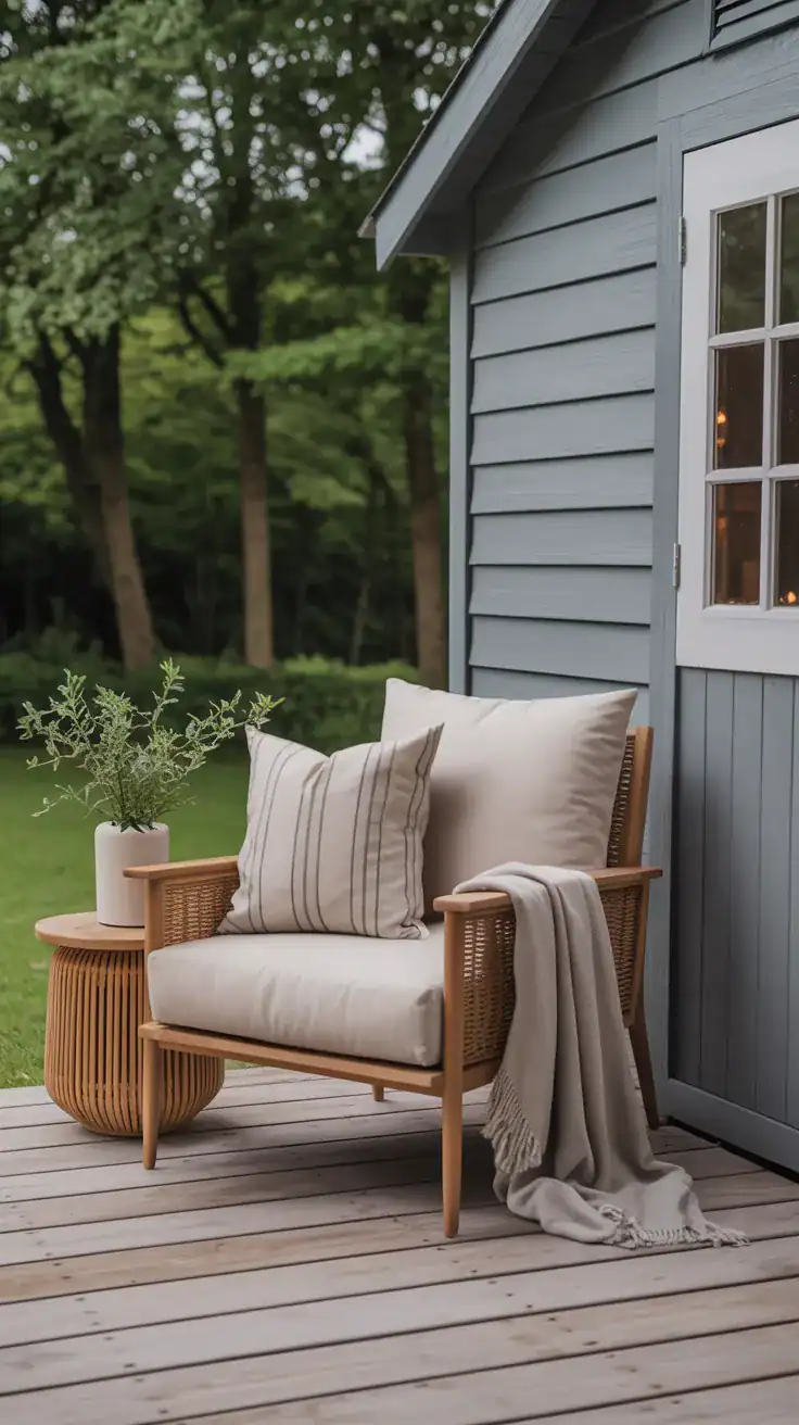 Outdoor chair with neutral cushions and throw blanket near shed