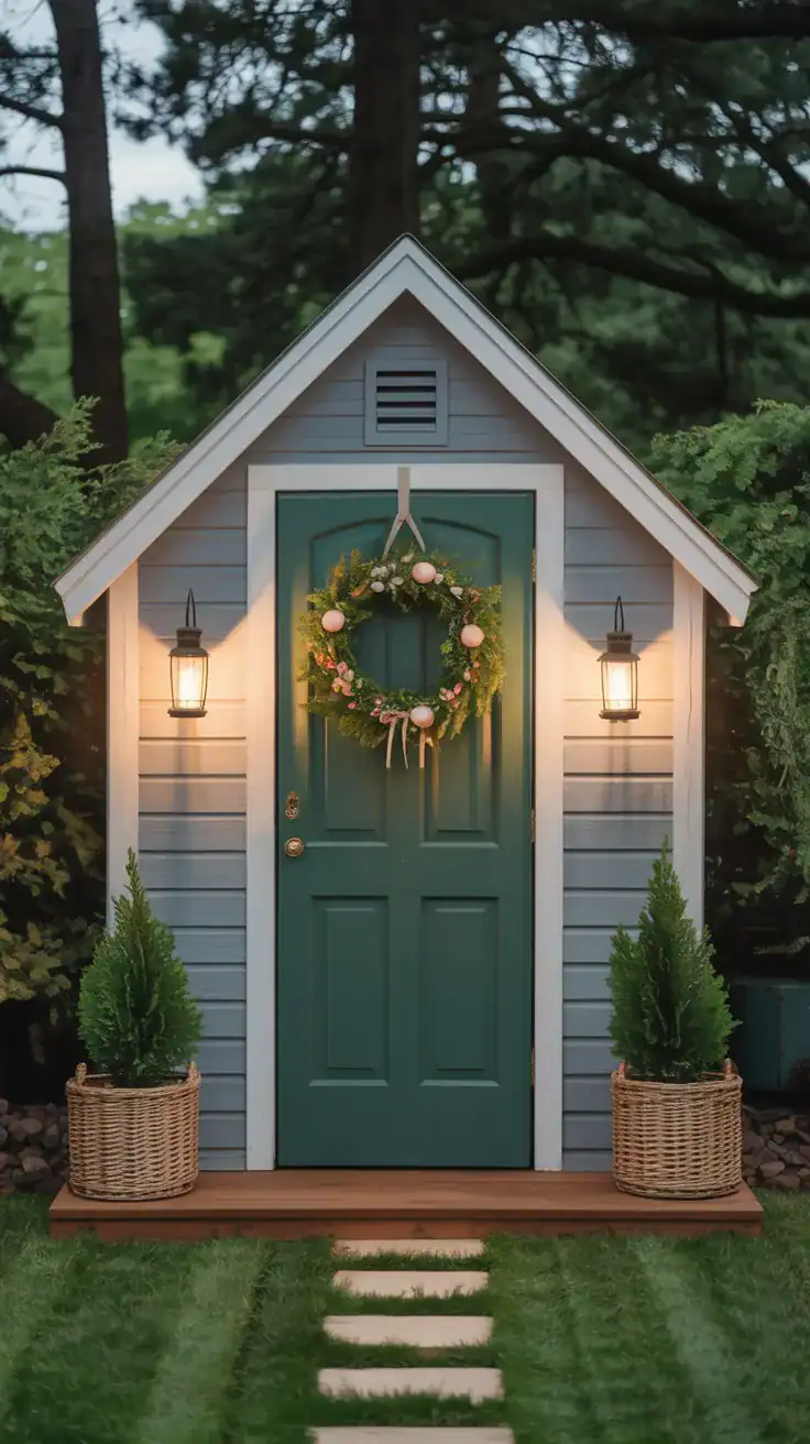 Beautifully simple shed with cohesive design with a wreath and lantern 