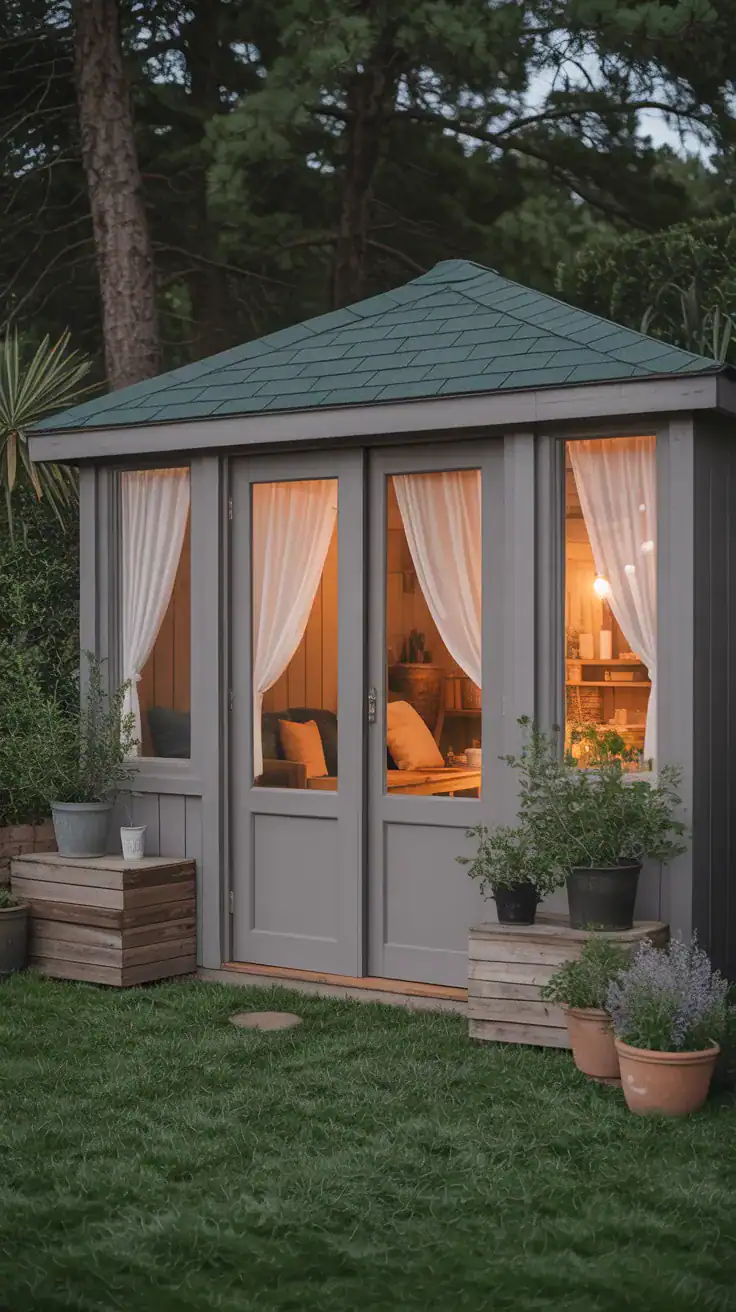 Cozy gray garden shed with warm lighting, French doors, and potted plants on a green lawn surrounded by trees.