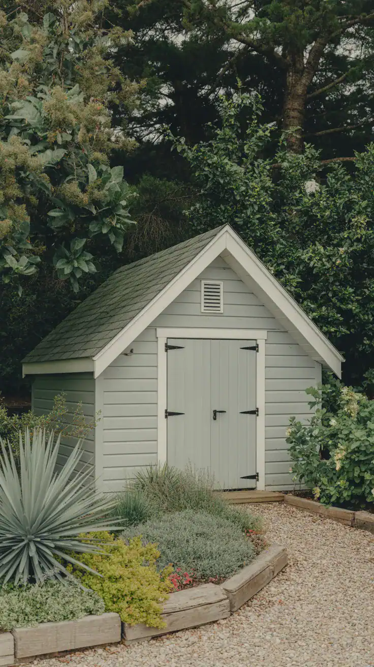 Shed surrounded by gravel path and low border plantings