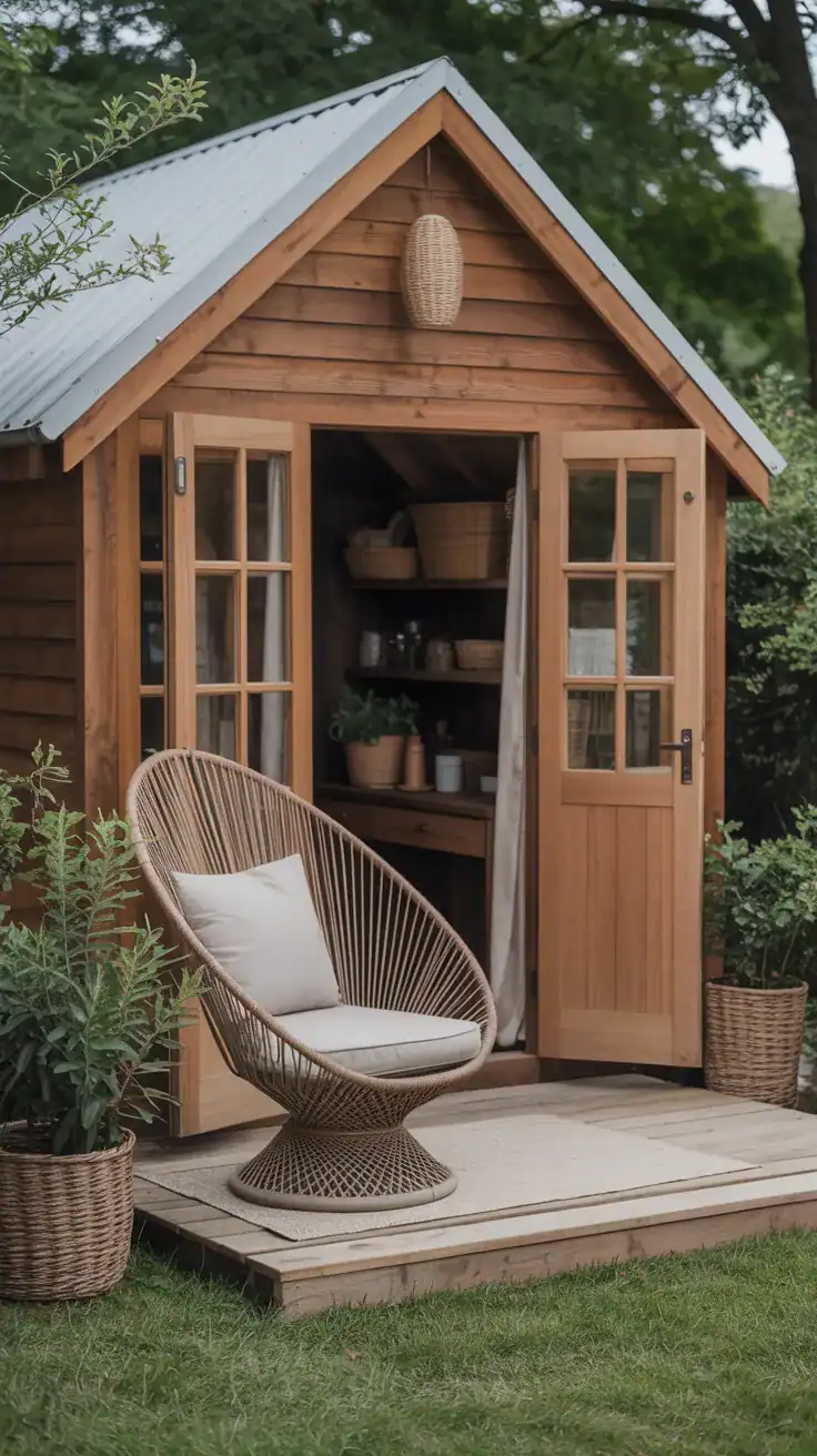 Comfortable outdoor chair with cushion placed beside shed entrance