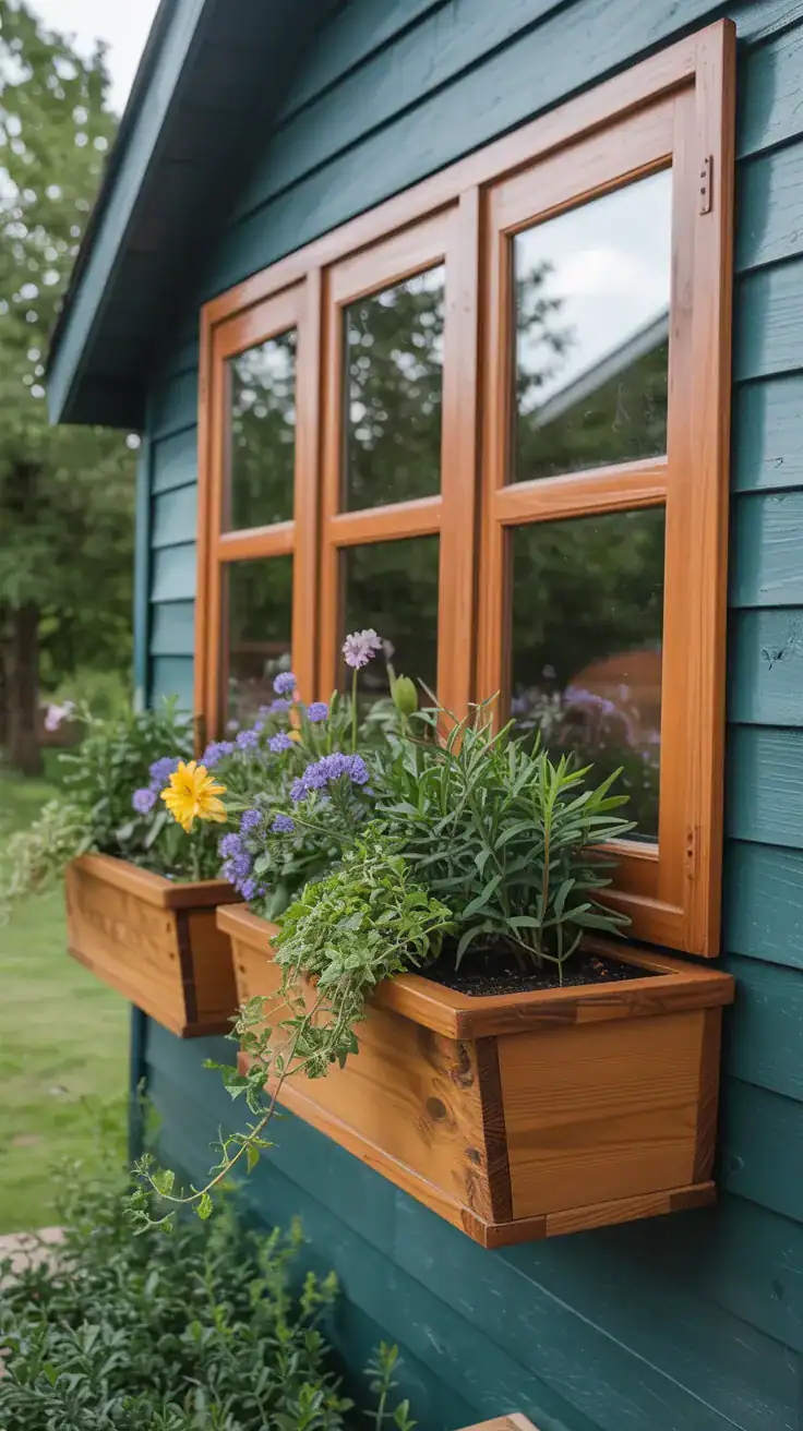 Wooden window boxes mounted on shed filled with trailing plants and flowers