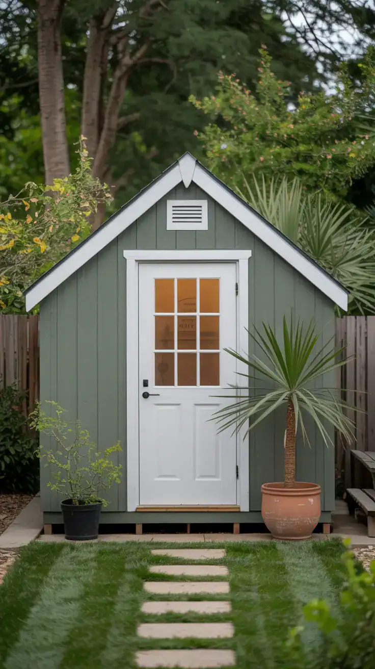 Garden shed painted in modern sage green with white door and trim