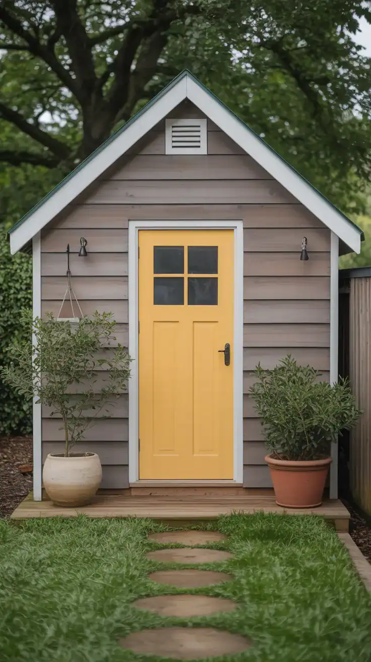 Shed with bold muted yellow door contrasting neutral exterior walls