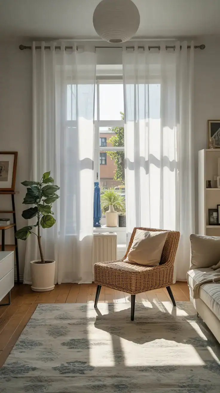 Sheer white curtains filtering natural light in living room