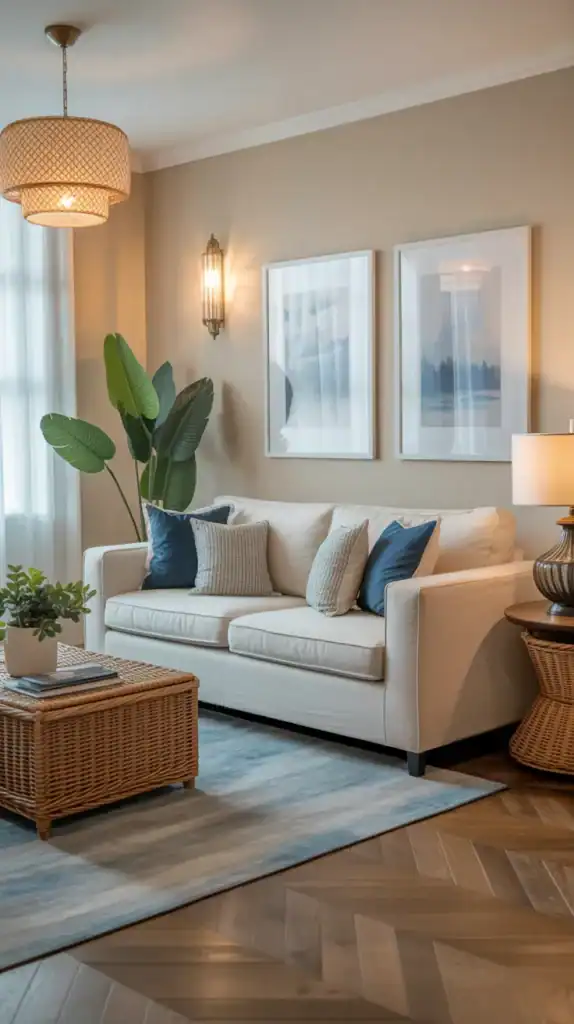 Neutral living room with coastal blue and beige color palette