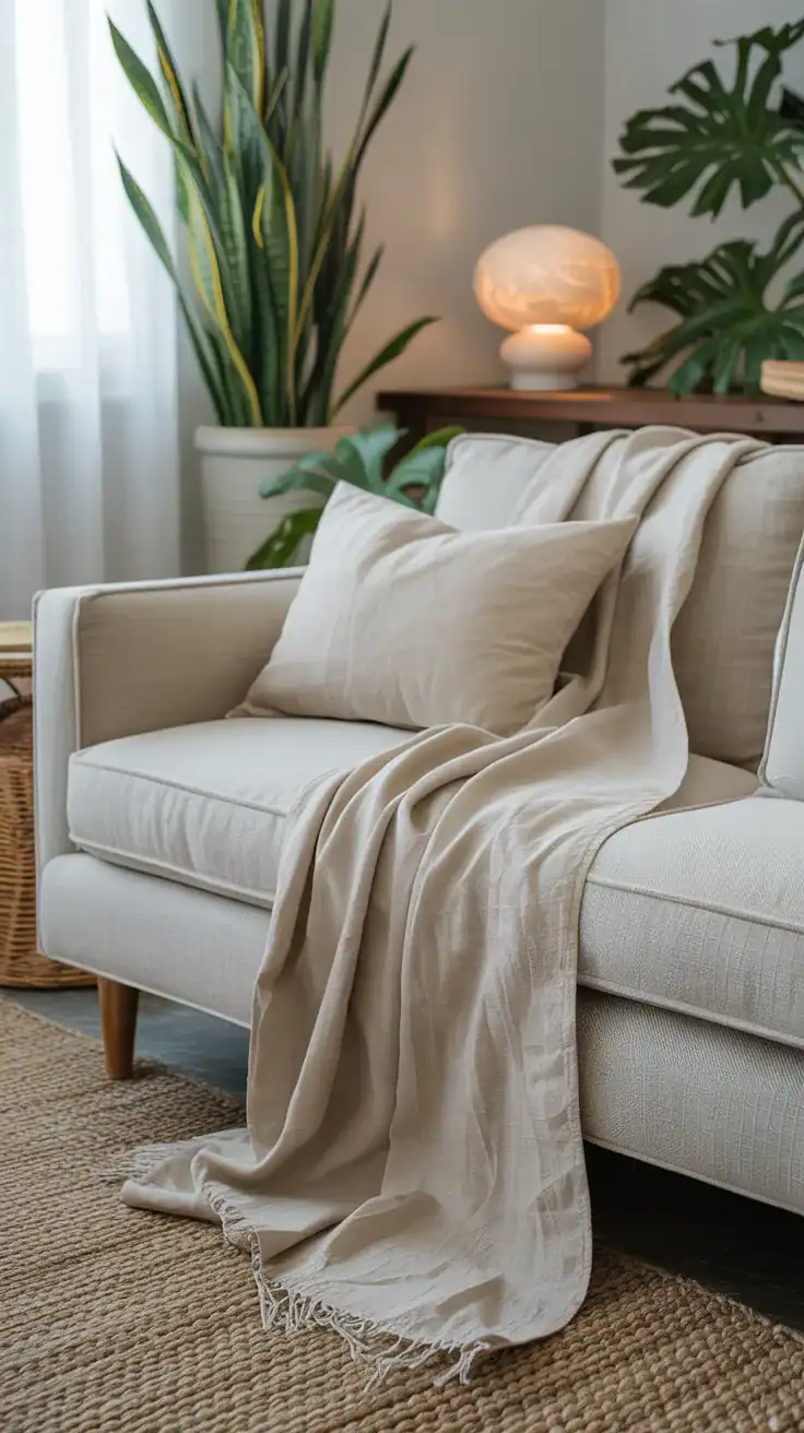 Lightweight linen throw casually draped over neutral sofa