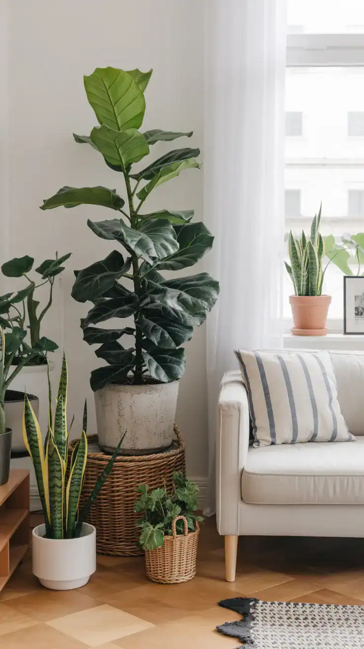 Potted plants and fresh greenery in summer living room