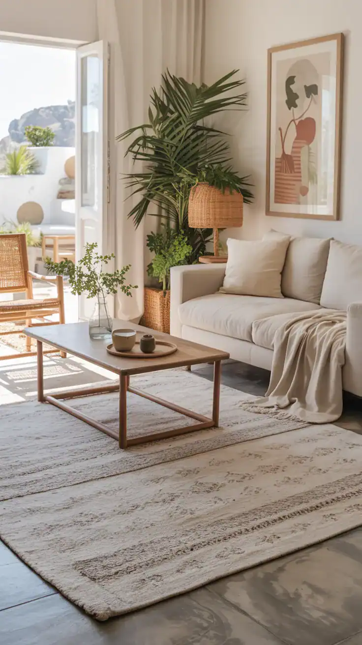 Light colored area rug in airy summer living room