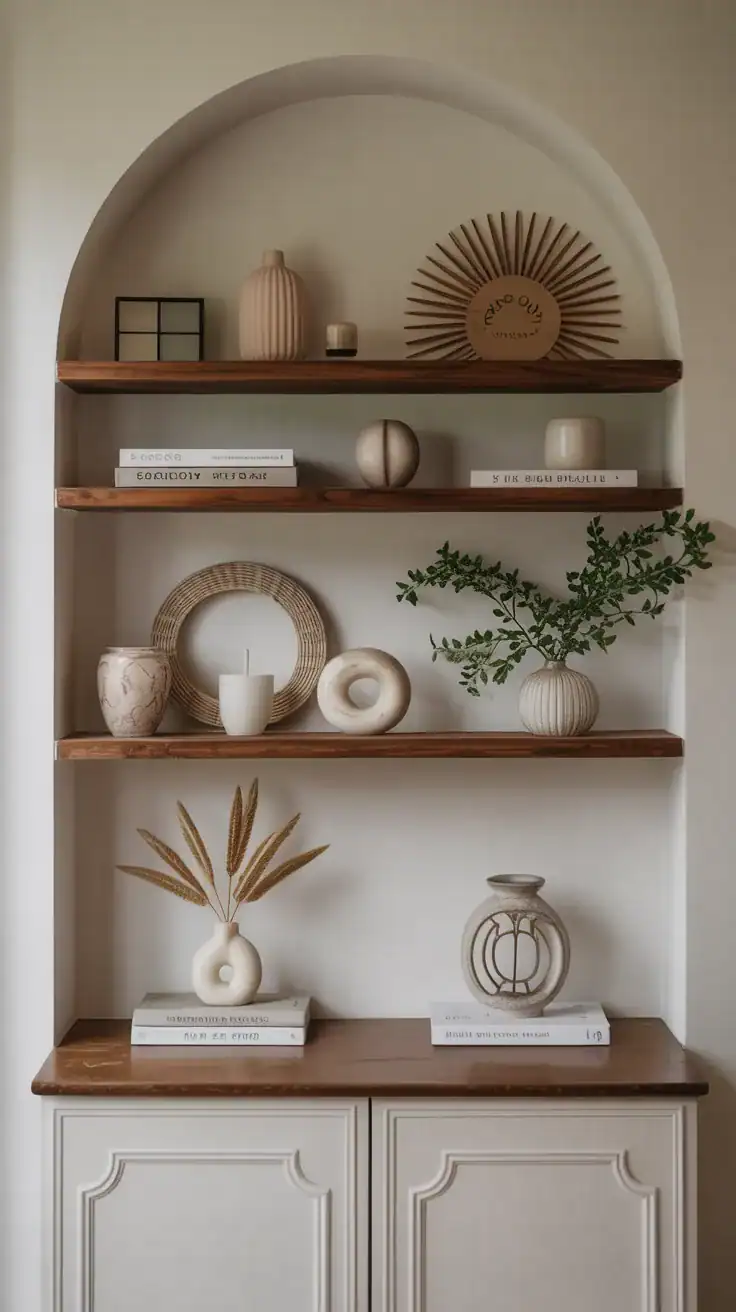 Minimally styled open shelving with light decor pieces