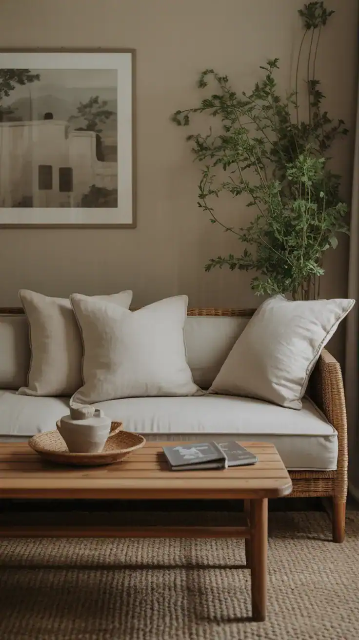 Natural linen cushions on neutral sofa