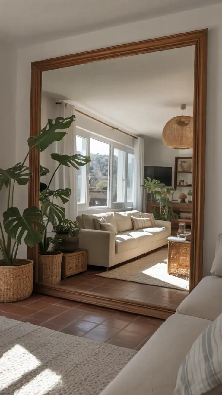Large mirror reflecting natural light in living room