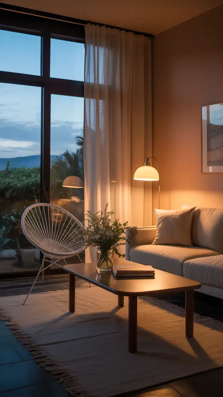 Soft ambient lighting in summer evening living room