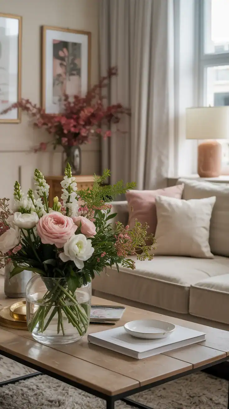 Fresh flowers and subtle floral accents in living room
