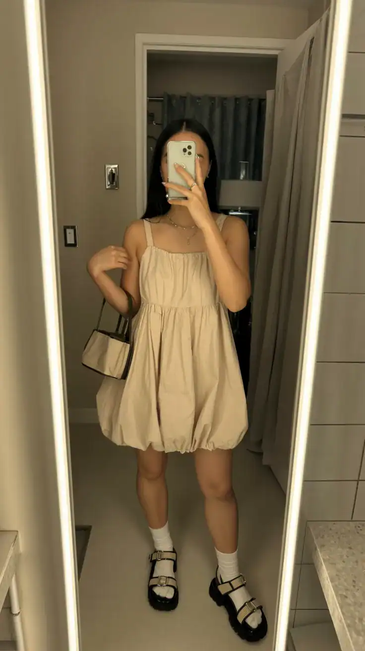 iPhone mirror selfie of a woman wearing a bubble hem mini dress with chunky platform sandals and crew socks, small top-handle bag, face not visible, bathroom mirror, warm indoor lighting, iPhone photo quality