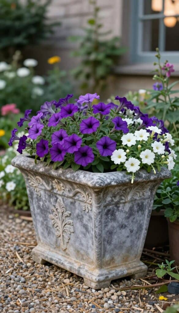 Large weathered stone trough planter filled with cascading purple and white flowers