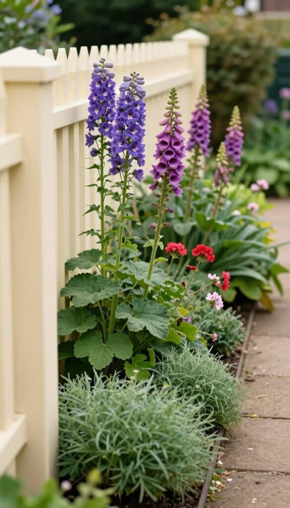 Layered cottage garden border along painted fence with tall, medium and low plants