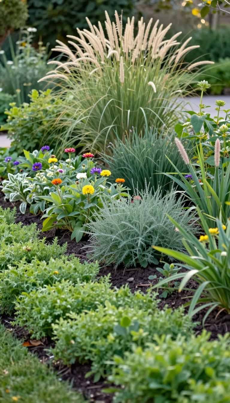 Lush layered garden with varied plant heights creating depth and fullness