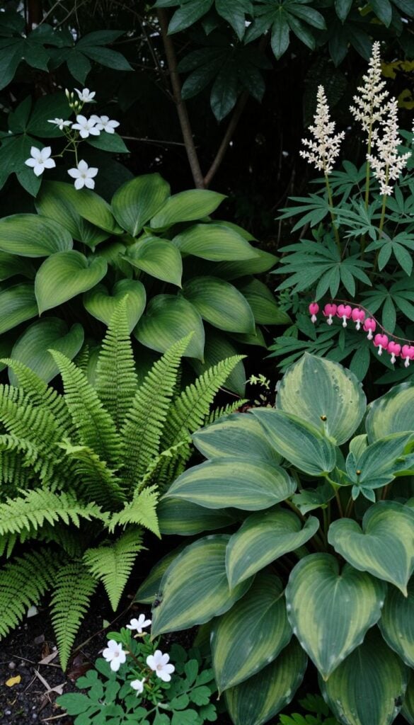 Lush shade garden border featuring hostas, ferns, and white flowers creating a cool, layered planting in low light conditions