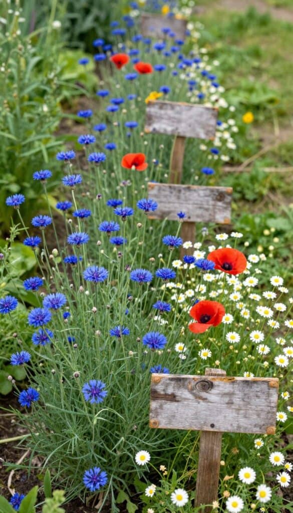 Meadow style wildflower border with cornflowers, poppies and nigella in narrow cottage garden