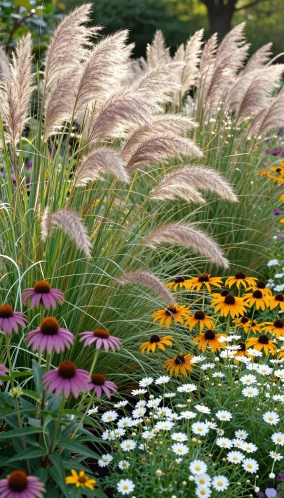 Mixed border combining ornamental grasses with flowering perennials showing movement and texture in an English garden setting