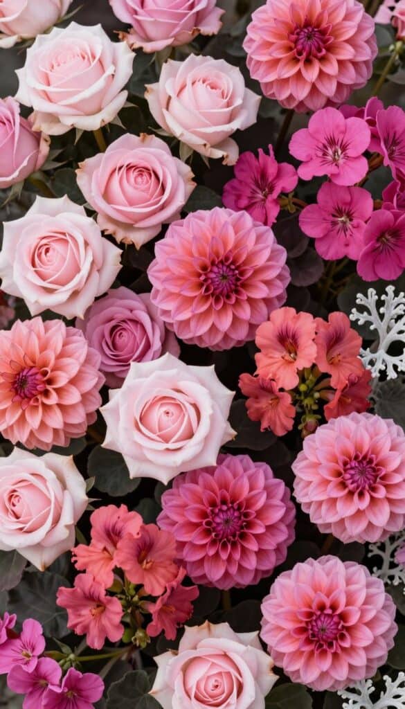 Monochromatic pink English garden border showing tonal variation from pale blush to deep rose with varied textures and forms