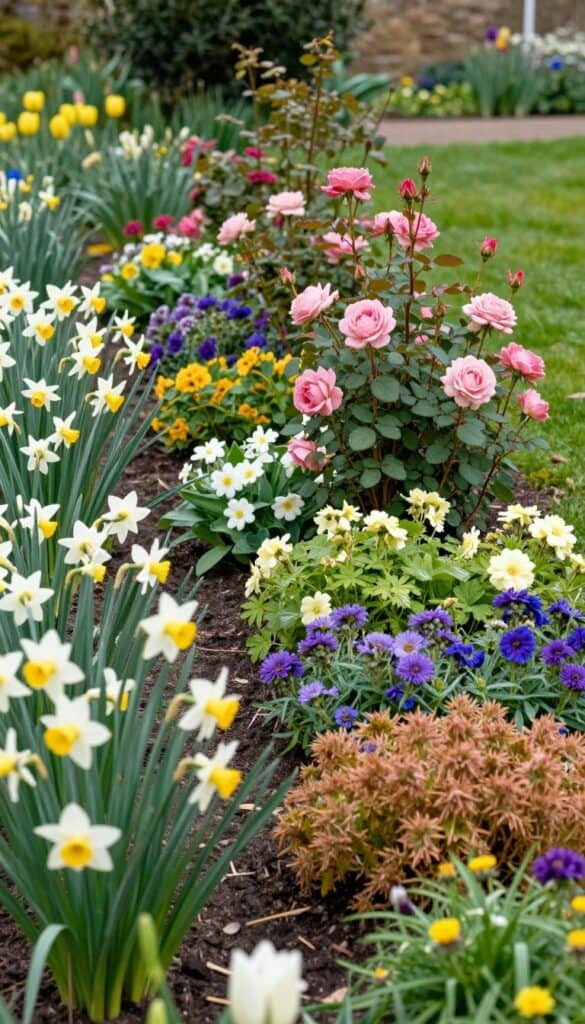 Multi-season English garden border showing spring bulbs, summer perennials, and late-season blooms in a naturalistic layered planting