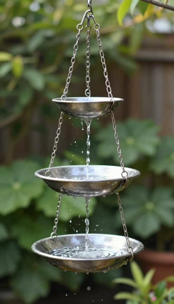 Multi tiered hanging bird bath with three shallow dishes at different levels