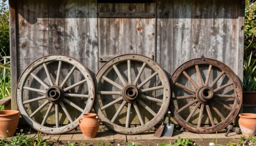 Multiple antique wagon wheels of different sizes arranged against garden shed wall