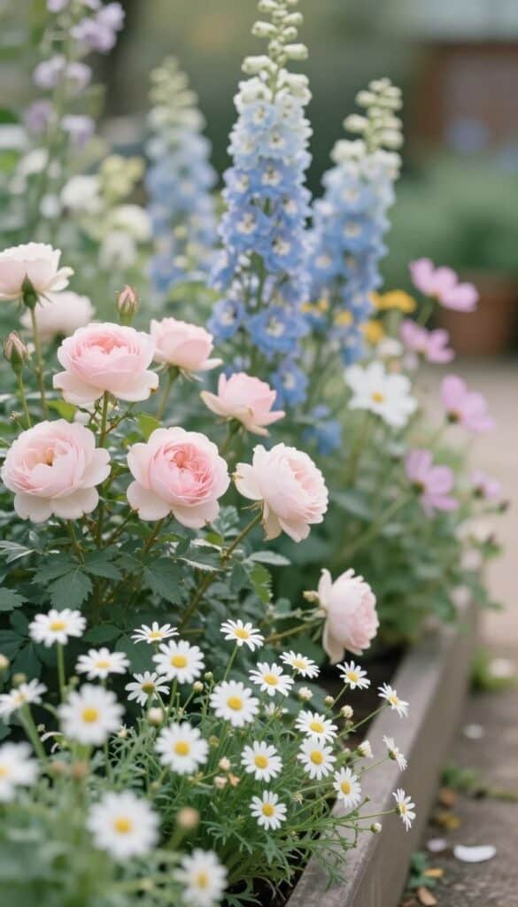 Narrow garden bed filled with soft pastel cottage flowers including pale pink roses and blue delphiniums