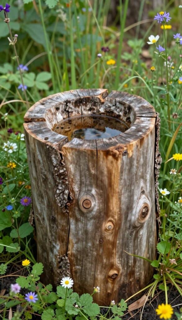 Natural DIY bird bath made from hollowed wooden log