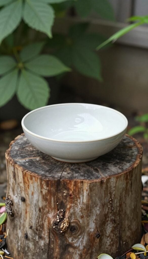 Natural DIY bird bath with bowl placed on tree stump