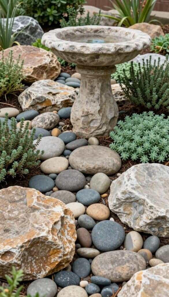 Bird bath with rock and pebble landscape