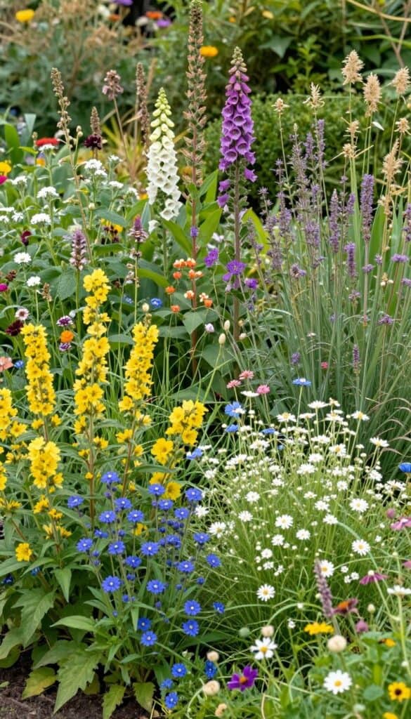 Naturalistic English garden border that appears wild and self-seeded but shows underlying design structure and plant selection