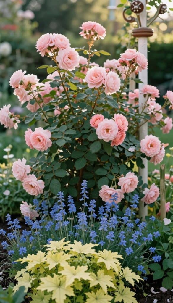 Old fashioned English shrub roses with nepeta and lady's mantle underplanting in cottage garden