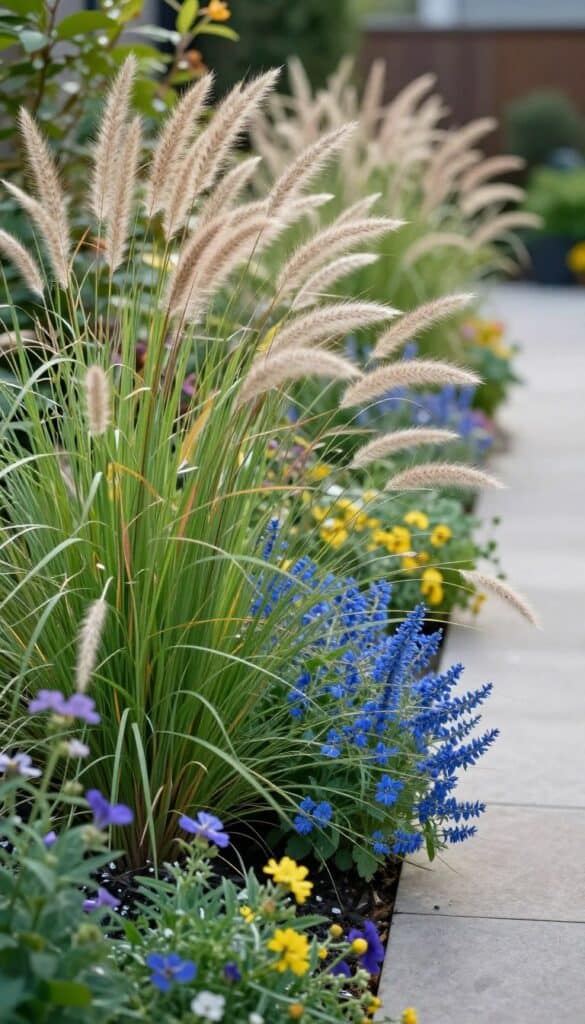 Ornamental grasses adding movement to narrow cottage garden border with feather grass swaying
