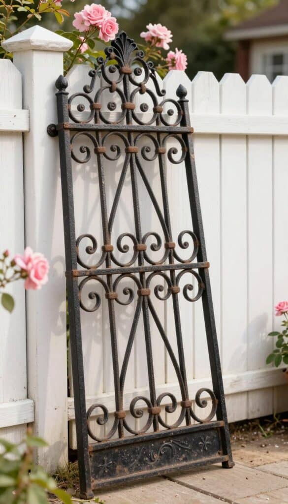 Ornate antique cast iron garden gate with decorative scrollwork leaning against garden fence surrounded by climbing roses