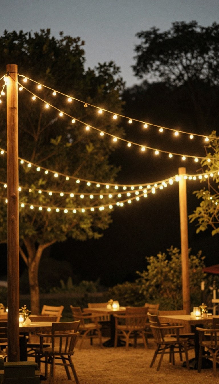 Patio string lights draped overhead in soft swoops creating warm canopy glow
