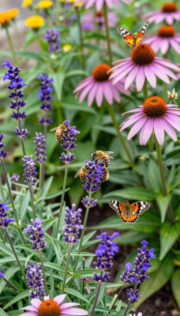 Pollinator-friendly English garden border with bees on lavender, butterflies on echinacea, and wildlife-attracting flowering plants