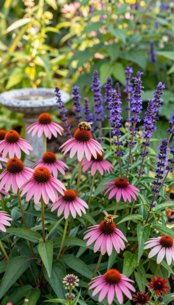 Pollinator friendly cottage garden with bees visiting echinacea, salvia and bee balm flowers