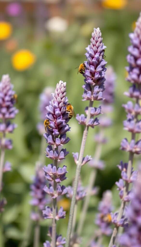 Purple lavender plants in full sun cottage garden with bees pollinating flowers Purple lavender plants in full sun cottage garden with bees pollinating flowers