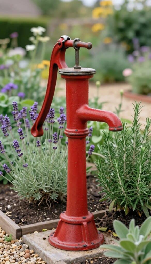 Rustic antique cast iron water pump in garden surrounded by herb plants and flowers