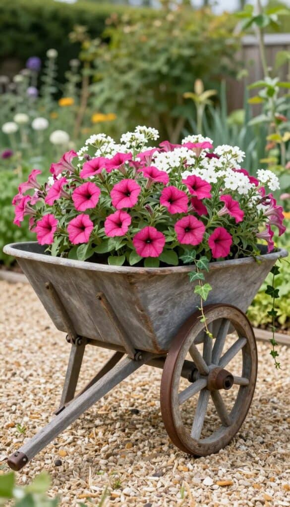 Rustic wooden wheelbarrow overflowing with colorful petunias and trailing flowers