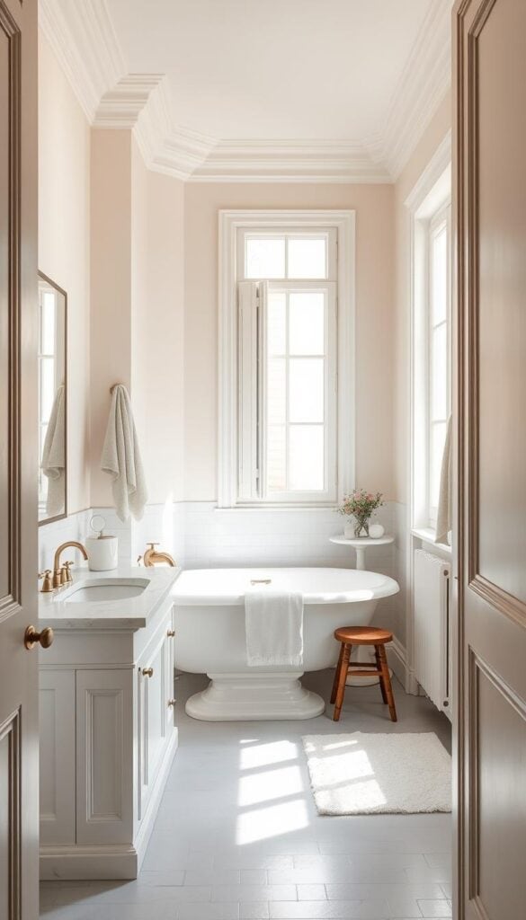 Serene Parisian bathroom with soft cream walls, warm white fixtures, and natural light creating an airy atmosphere