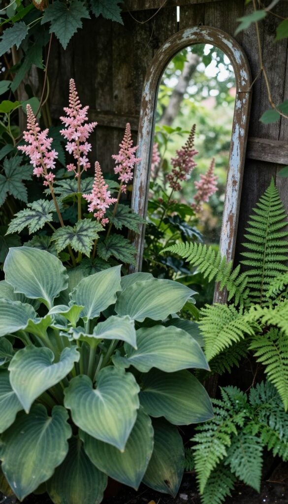 Shaded narrow cottage border with hostas, ferns and astilbe creating woodland atmosphere