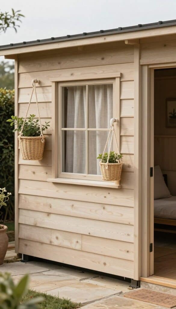 Shed decorated with mix of wood, rattan, and linen textures